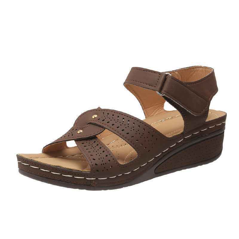 Wedge Heels Sandals Summer Shoes With Velcro Roman Shoes Coffee