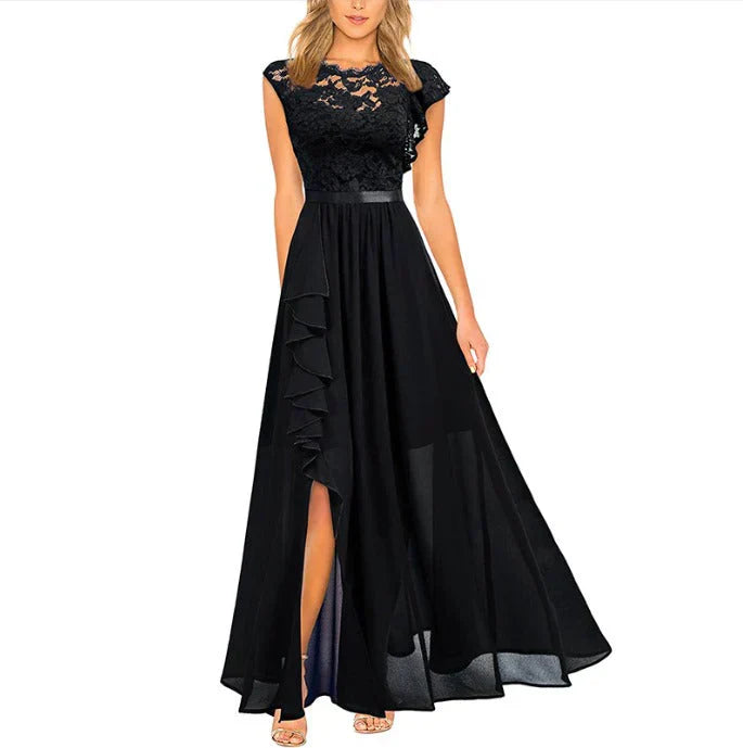 Kiara | Women's A-Line Maxi Dress with Ruffles and Lace Details Black