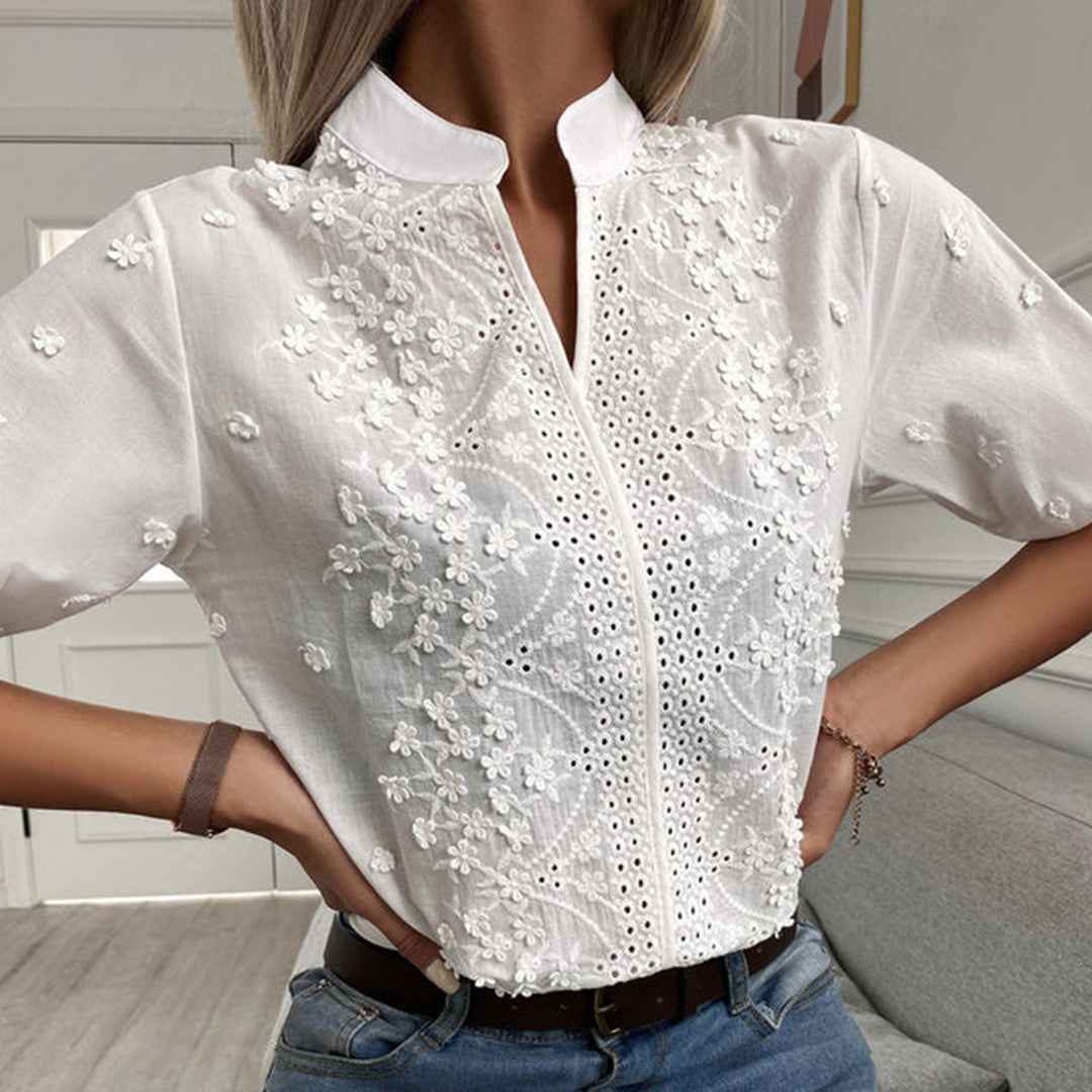 Women's Cotton Embroidered Blouse with Eyelets - Mandarin Collar & Half-Length Sleeves