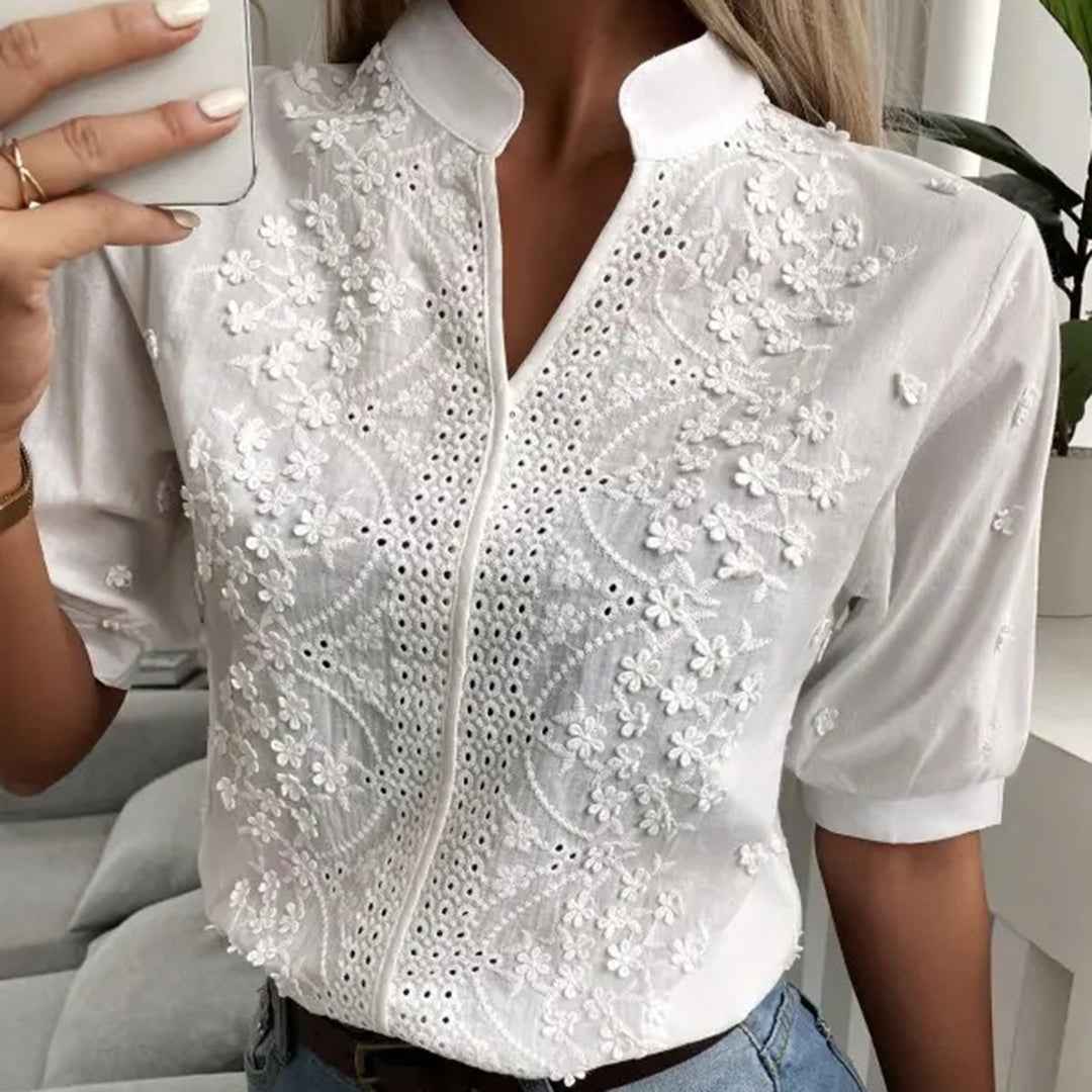 Women's Cotton Embroidered Blouse with Eyelets - Mandarin Collar & Half-Length Sleeves