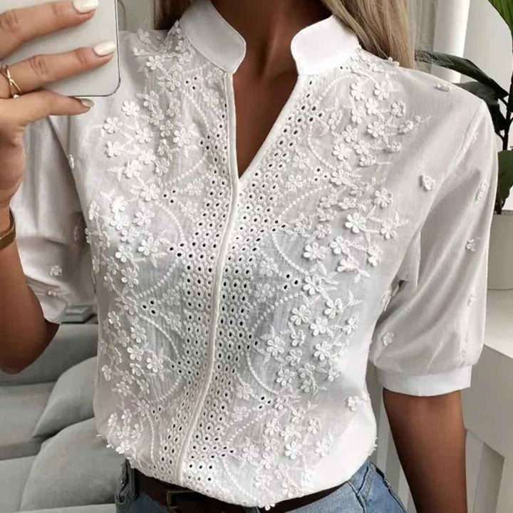 Women's Cotton Embroidered Blouse with Eyelets - Mandarin Collar & Half-Length Sleeves