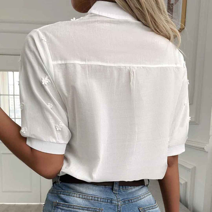 Women's Cotton Embroidered Blouse with Eyelets - Mandarin Collar & Half-Length Sleeves