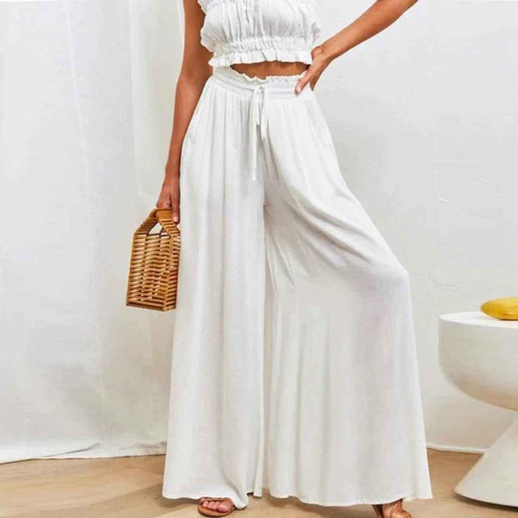 Women's High Waist Wide Leg Pants with Elastic Drawstring - Comfortable Fit White