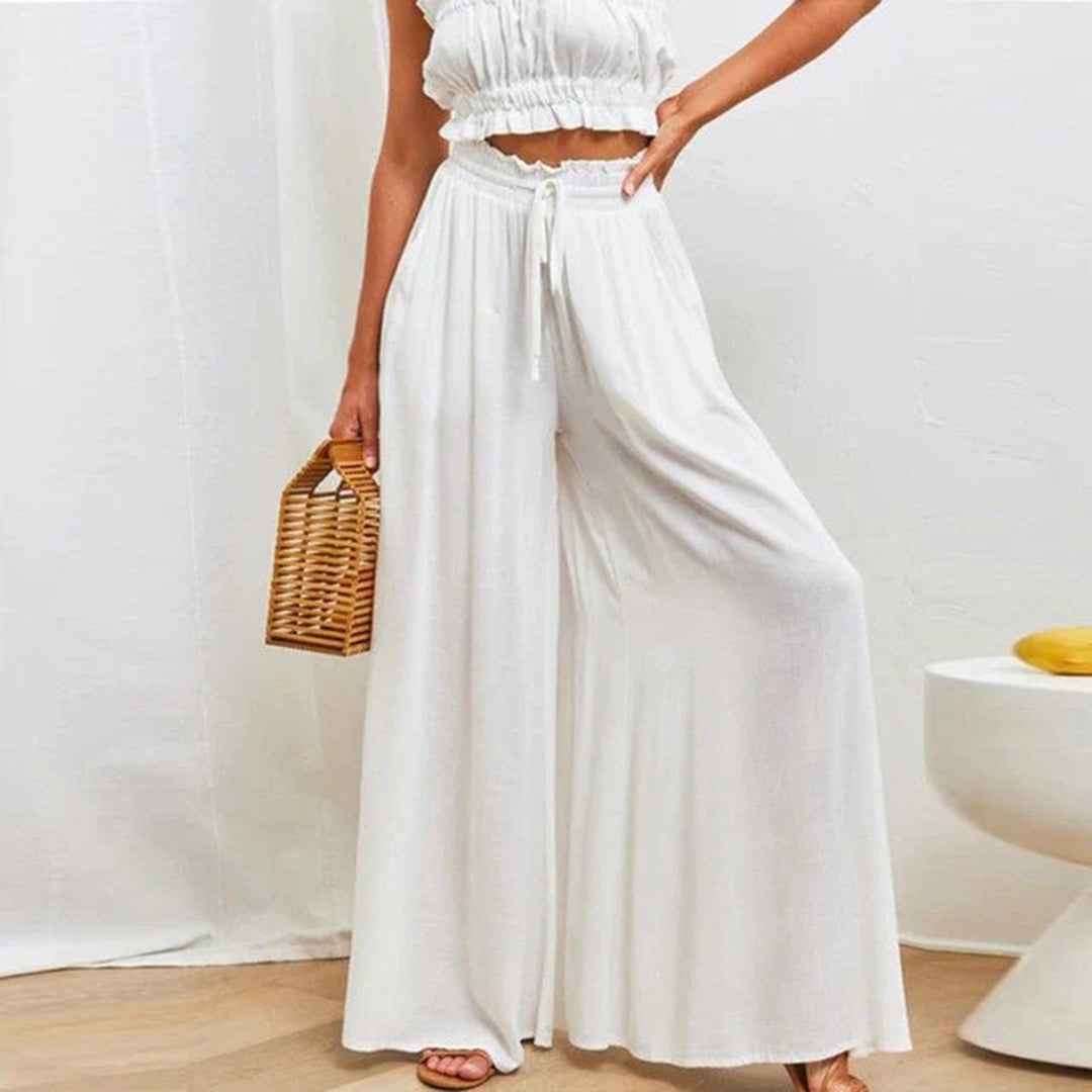 Gabriella | High Waist Elastic Pants with Drawstring – A-Line – With Pockets – Long and Airy White