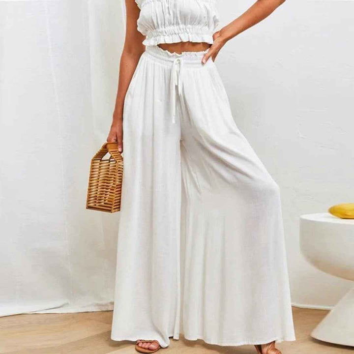 Gabriella | High Waist Elastic Pants with Drawstring – A-Line – With Pockets – Long and Airy White