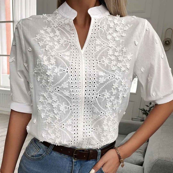 Women's Cotton Embroidered Blouse with Eyelets - Mandarin Collar & Half-Length Sleeves White
