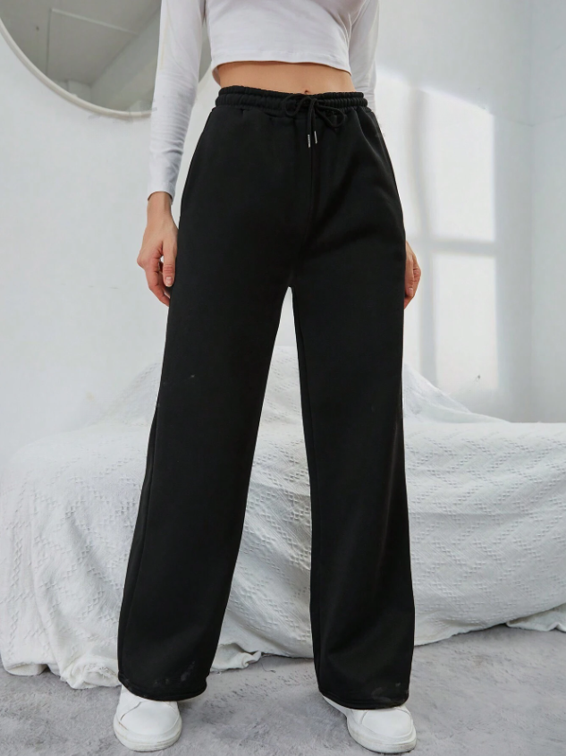 Women's Wide Leg Sweatpants with Elastic Waistband and Pockets - Comfortable Fit Black