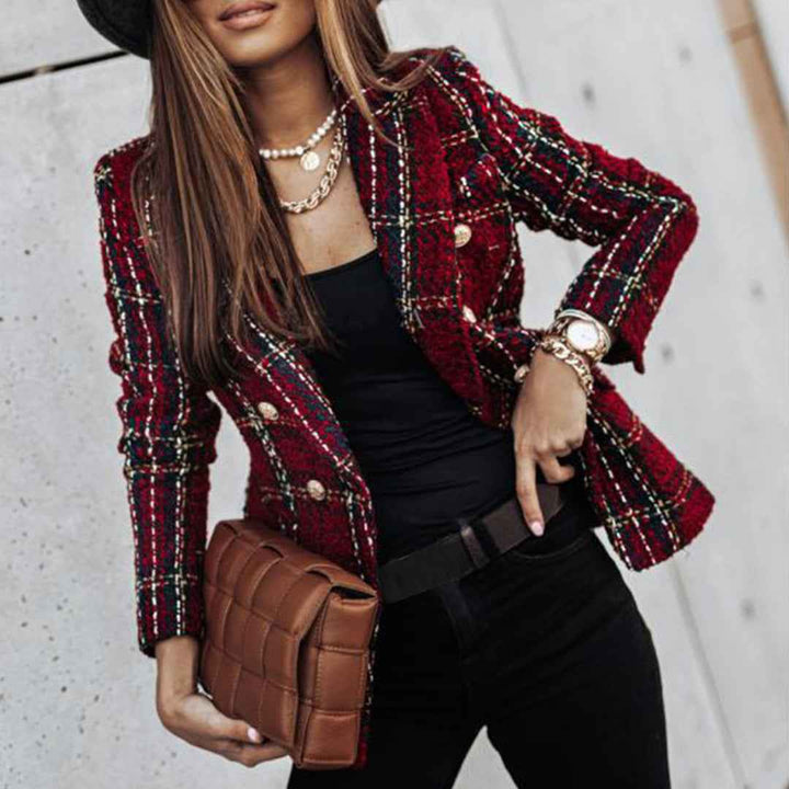 Women's Fitted Tweed Blazer - Check Pattern - Elegant Single Closure Red