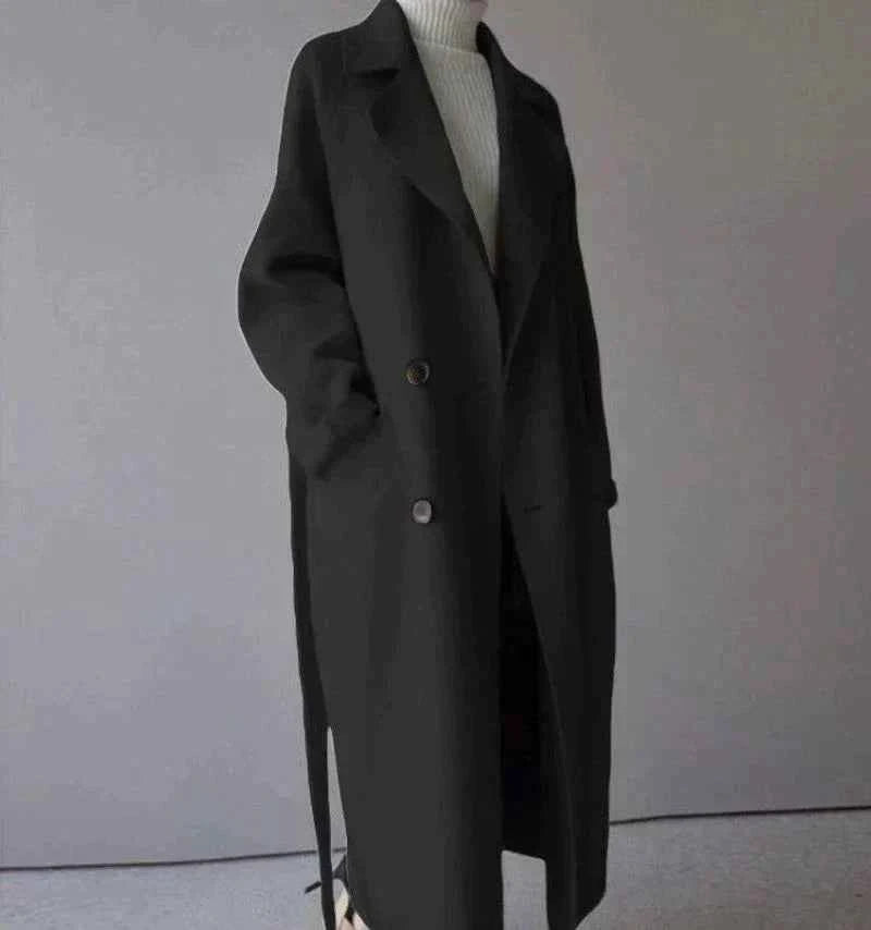Women's Oversized Wool Blend Coat – Long Double-Breasted Classic Style Black