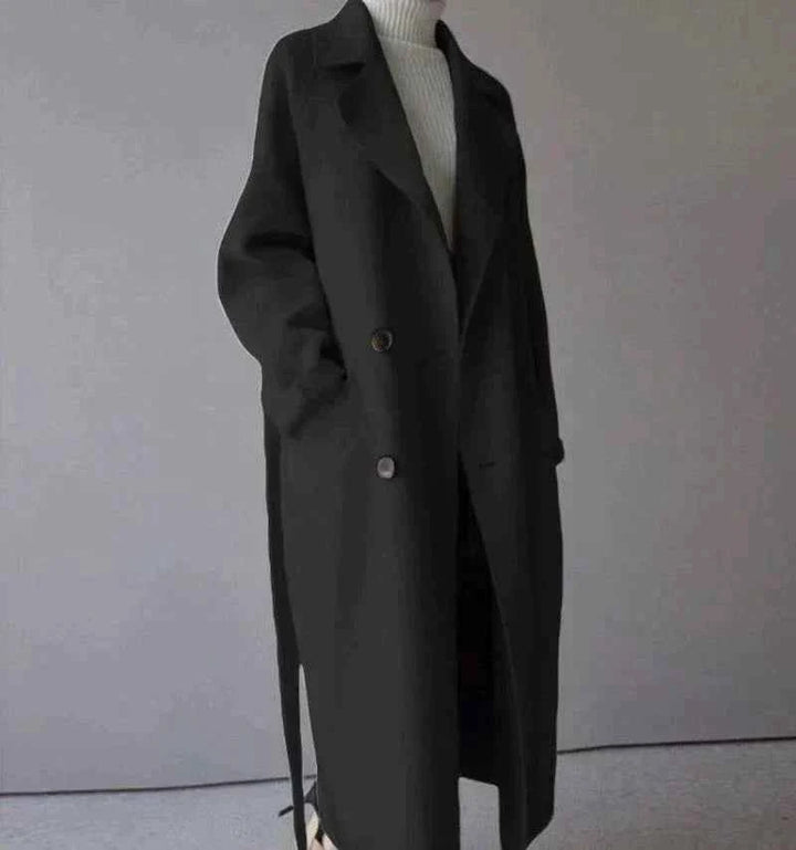 Women's Oversized Wool Blend Coat – Long Double-Breasted Classic Style Black