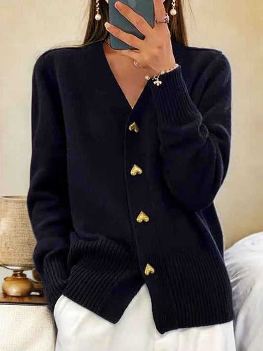Women's Wool V-neck Ribbed Cardigan Winter Essential Knitwear Black