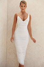Women's Elegant Midi Bodycon Dress with Ruffles and V-Neck - Thin Straps