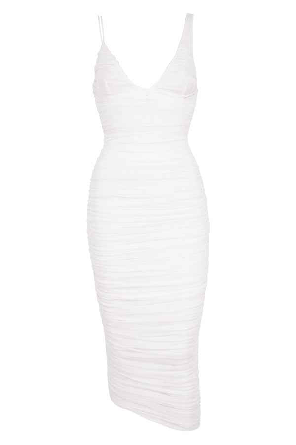 Women's Elegant Midi Bodycon Dress with Ruffles and V-Neck - Thin Straps