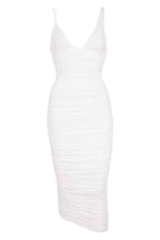 Women's Elegant Midi Bodycon Dress with Ruffles and V-Neck - Thin Straps