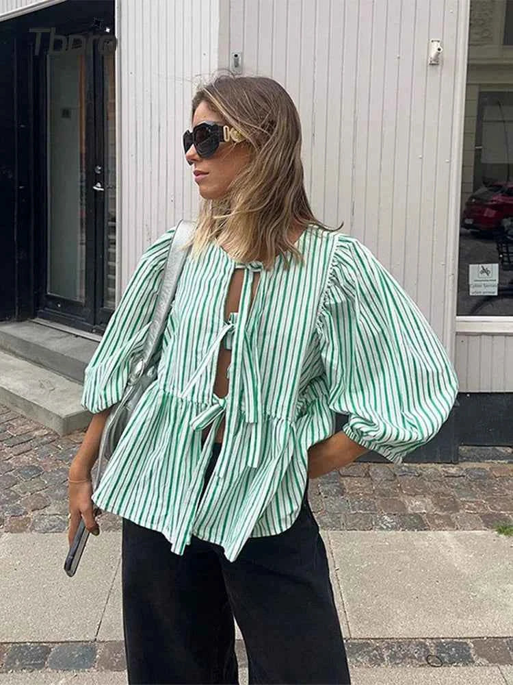 Women's Lightweight Striped Blouse with Puff Sleeves - Loose Fit