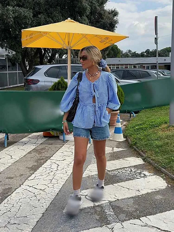 Women's Lightweight Striped Blouse with Puff Sleeves - Loose Fit