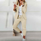 Women's Tailored Blazer and Jogger Pants Set – Casual Chic Style Beige