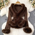 Women's Ribbed Cropped Cardigan with Fur Trim Brown