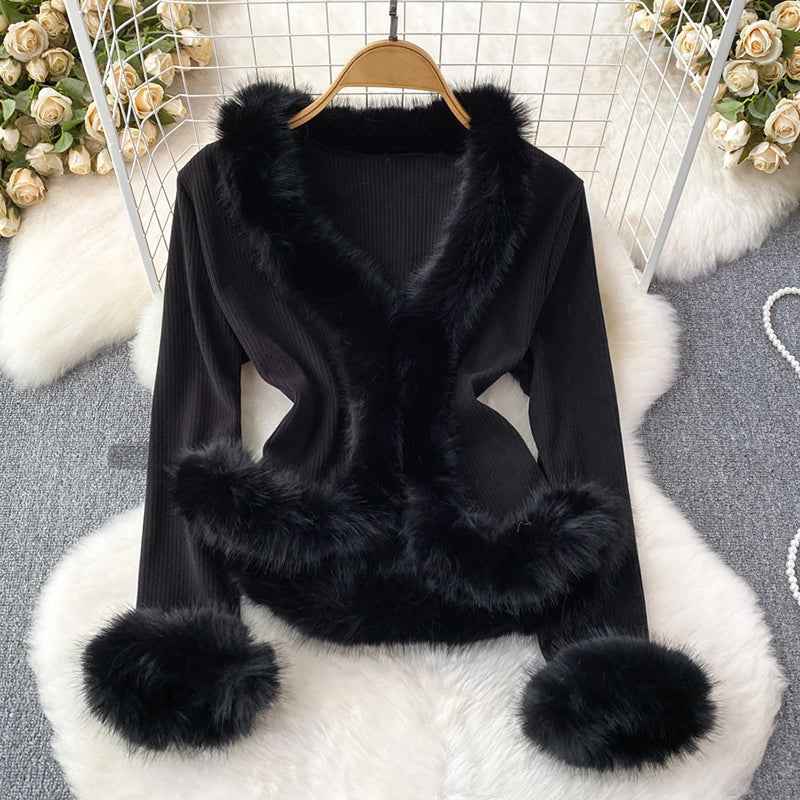 Women's Ribbed Cropped Cardigan with Fur Trim Black