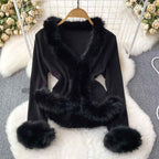 Women's Ribbed Cropped Cardigan with Fur Trim Black