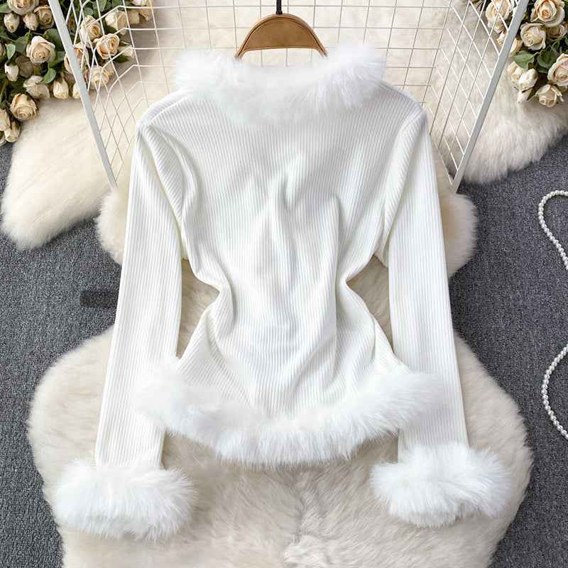 Women's Ribbed Cropped Cardigan with Fur Trim