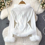 Women's Ribbed Cropped Cardigan with Fur Trim