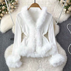 Women's Ribbed Cropped Cardigan with Fur Trim White