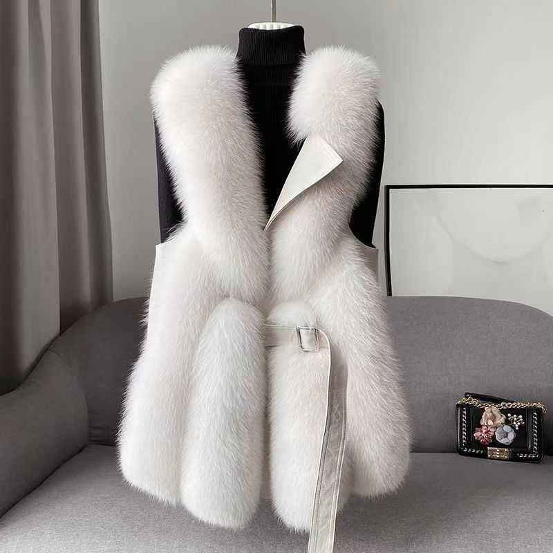 Women's Mid-Thigh Length Fur Trim Collared Belted Vest White