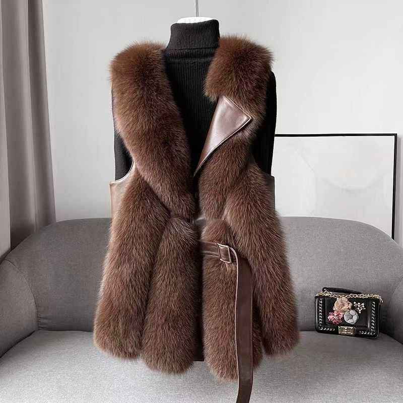 Women's Mid-Thigh Length Fur Trim Collared Belted Vest Brown