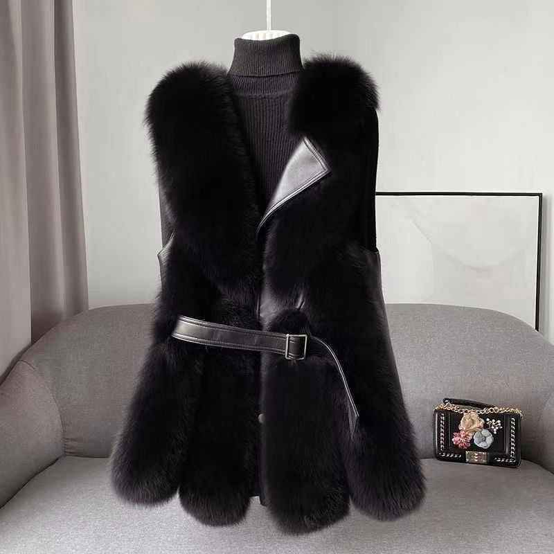 Women's Mid-Thigh Length Fur Trim Collared Belted Vest Black
