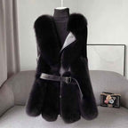 Women's Mid-Thigh Length Fur Trim Collared Belted Vest Black