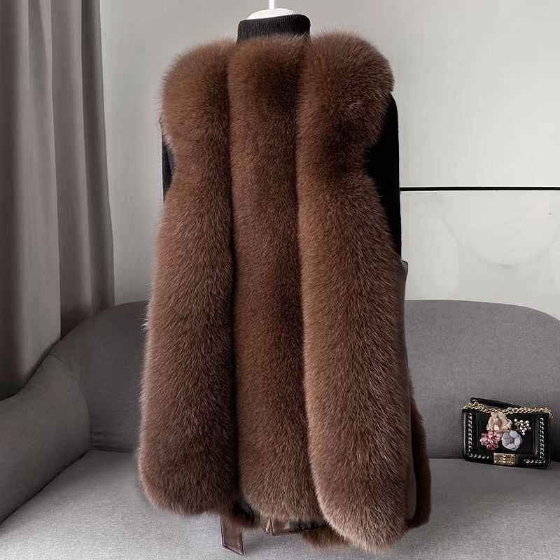 Women's Mid-Thigh Length Fur Trim Collared Belted Vest