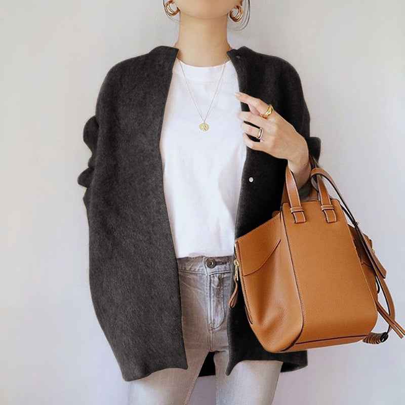 Women's Relaxed Fit Open Front Cardigan with Button Closure Black