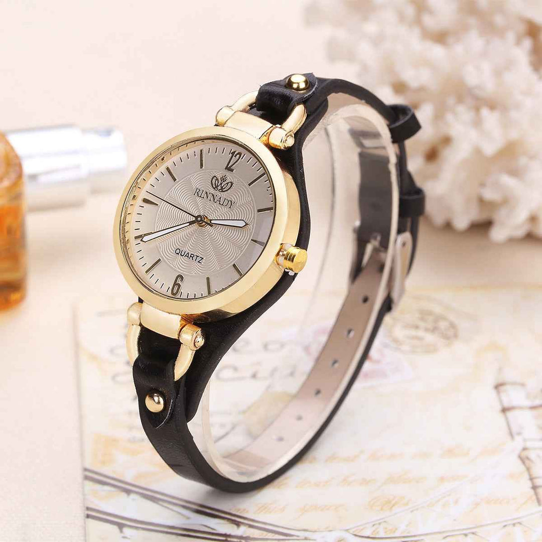 Gold-Tone Bezel Round Face Wristwatch Black One Size