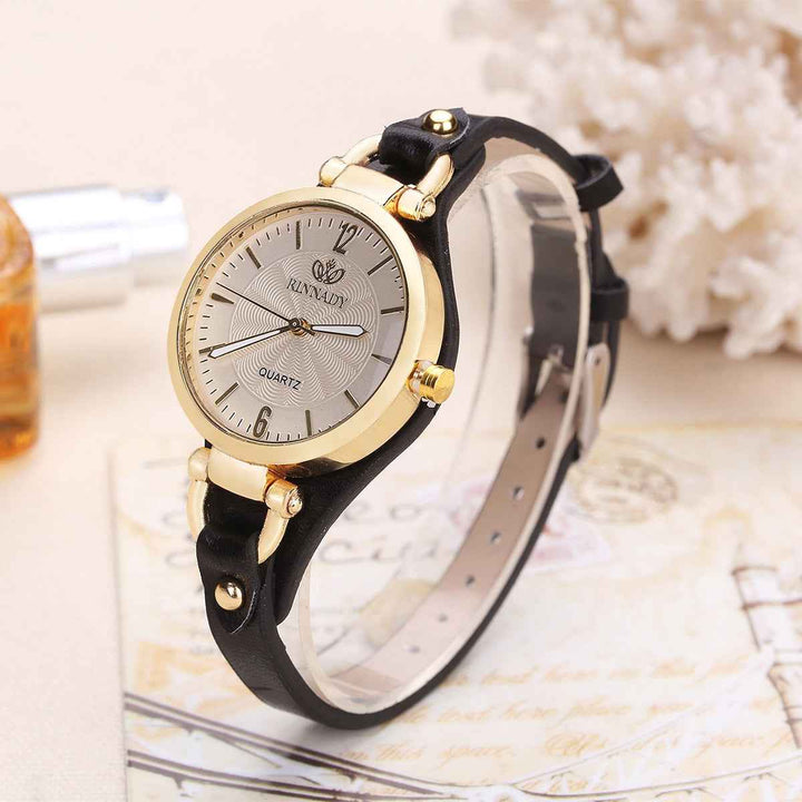 Gold-Tone Bezel Round Face Wristwatch Black One Size