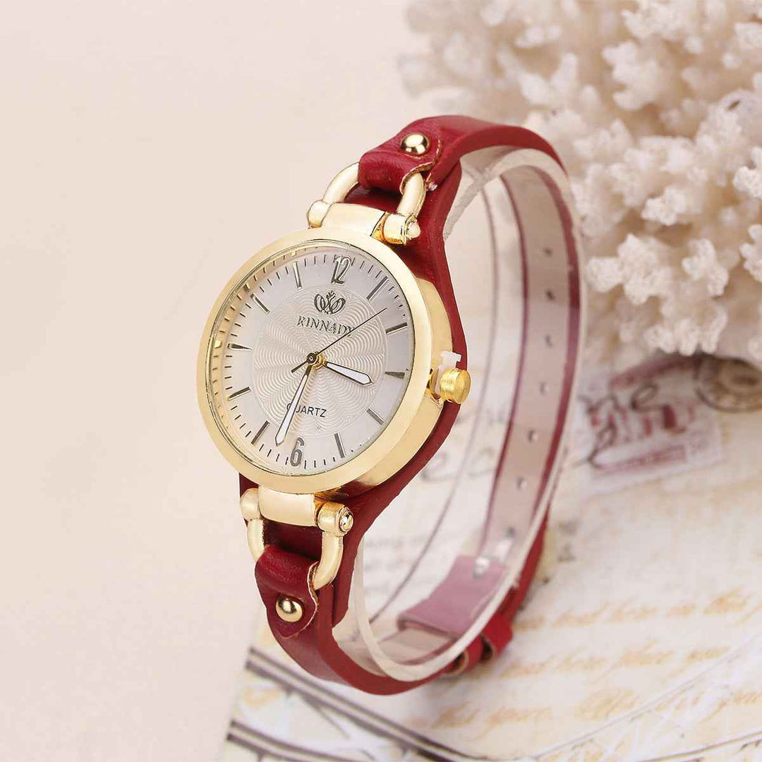 Gold-Tone Bezel Round Face Wristwatch Red One Size