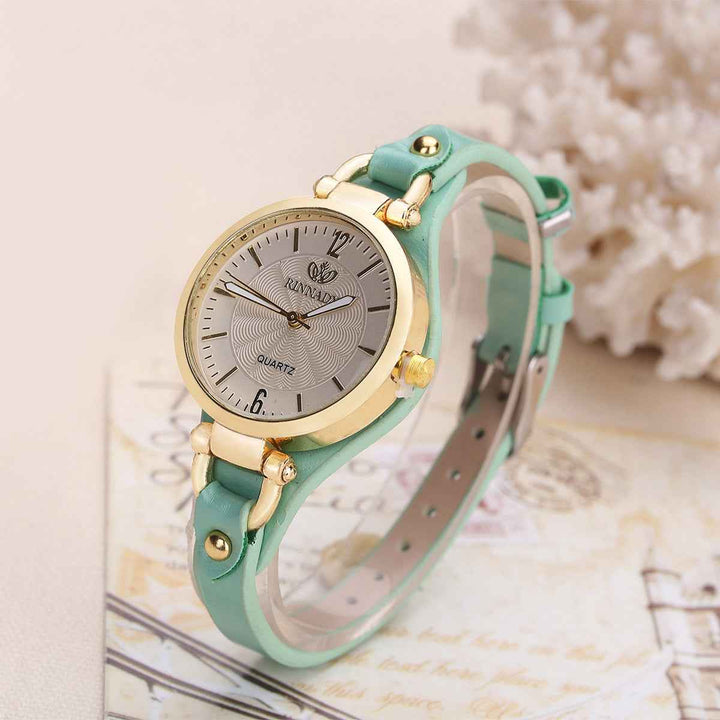 Gold-Tone Bezel Round Face Wristwatch Green One Size