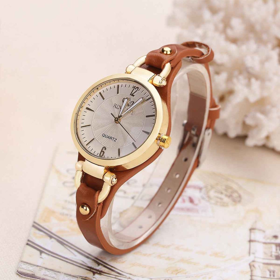 Gold-Tone Bezel Round Face Wristwatch Brown One Size