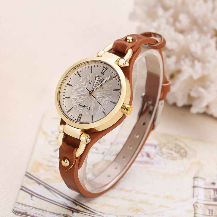 Gold-Tone Bezel Round Face Wristwatch Brown One Size