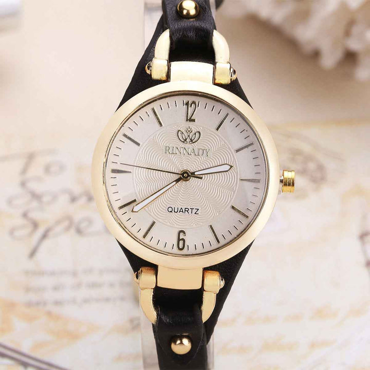Gold-Tone Bezel Round Face Wristwatch