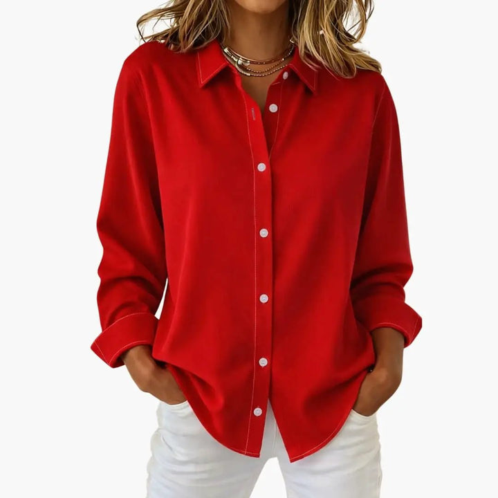 Women's Relaxed Fit Long Sleeve Button-Up Blouse Red