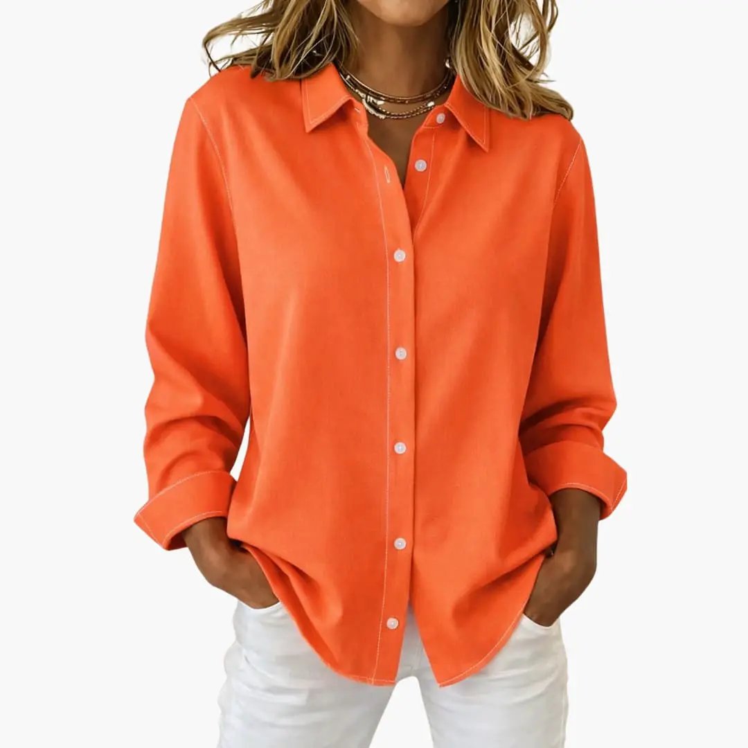 Women's Relaxed Fit Long Sleeve Button-Up Blouse Orange