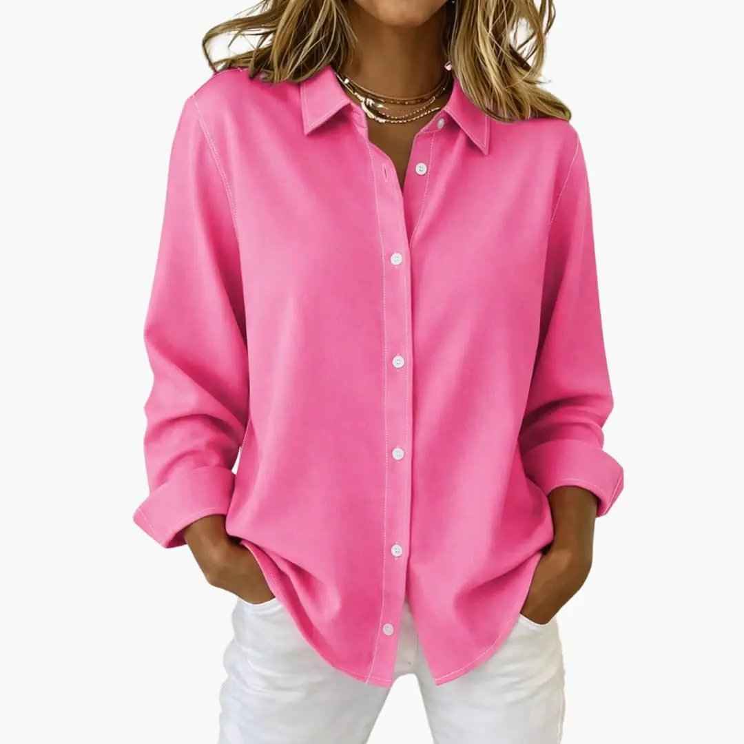 Women's Relaxed Fit Long Sleeve Button-Up Blouse Pink