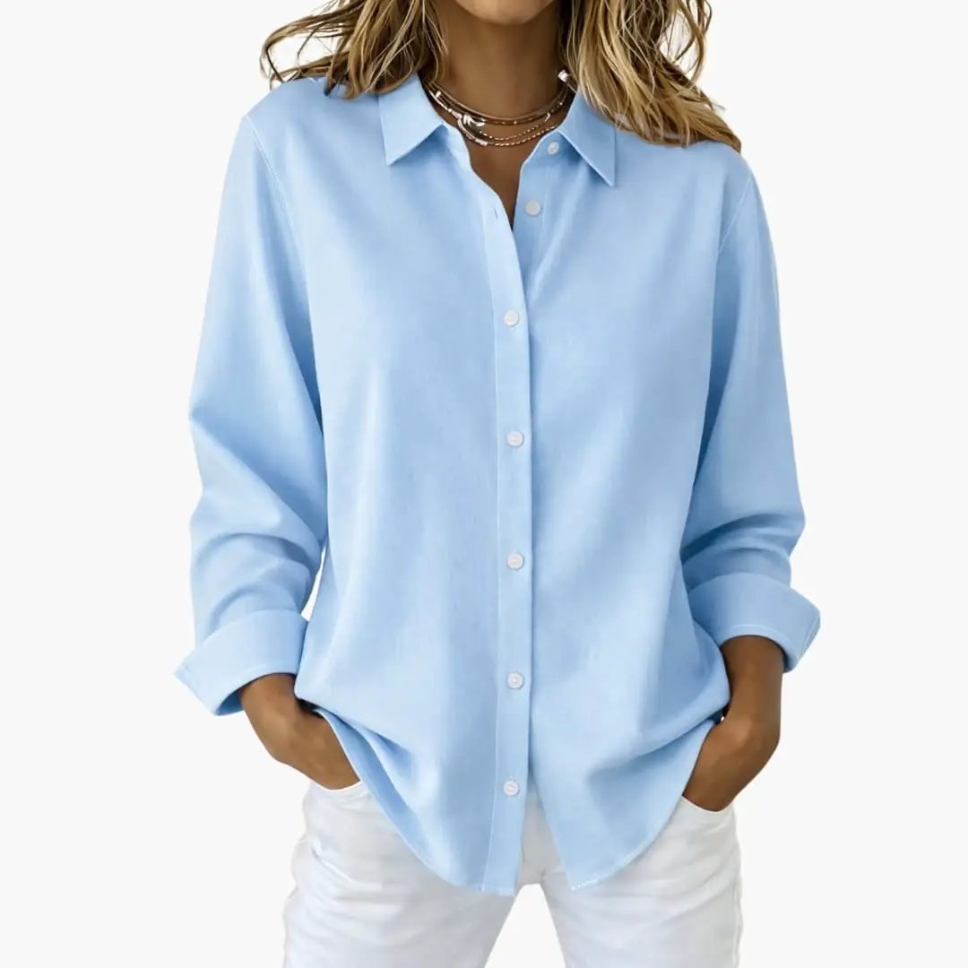 Women's Relaxed Fit Long Sleeve Button-Up Blouse Blue