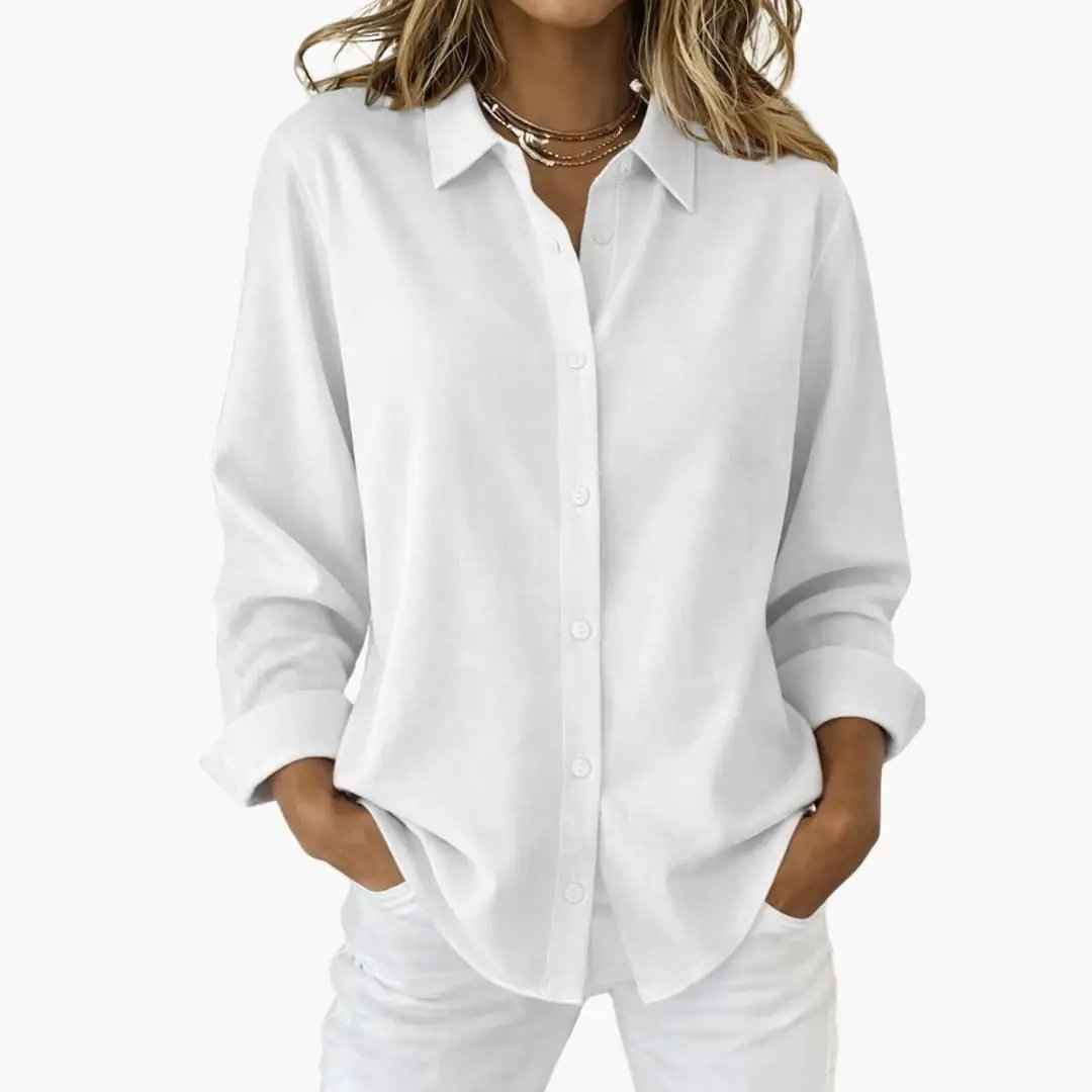 Women's Relaxed Fit Long Sleeve Button-Up Blouse White