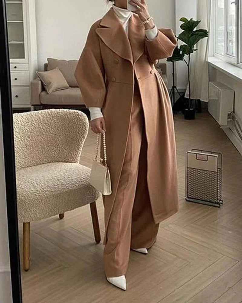Women's A-Line Double-Breasted Trench Coat – Wool Blend with Belted Waist Camel