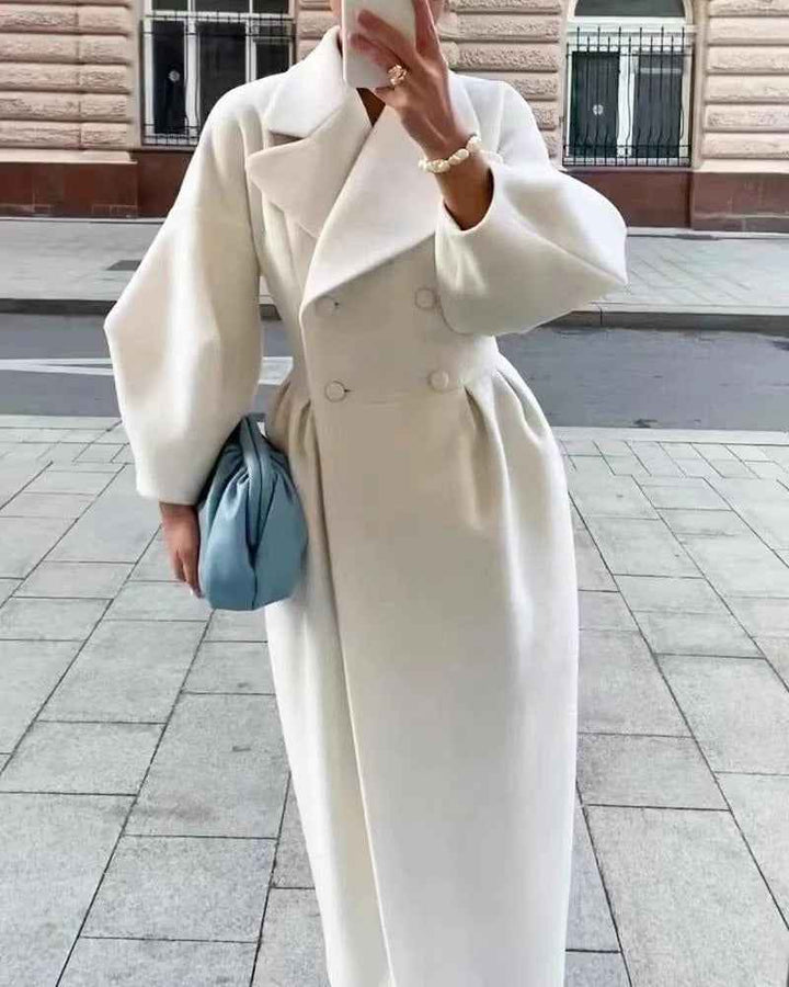 Women's A-Line Double-Breasted Trench Coat – Wool Blend with Belted Waist White