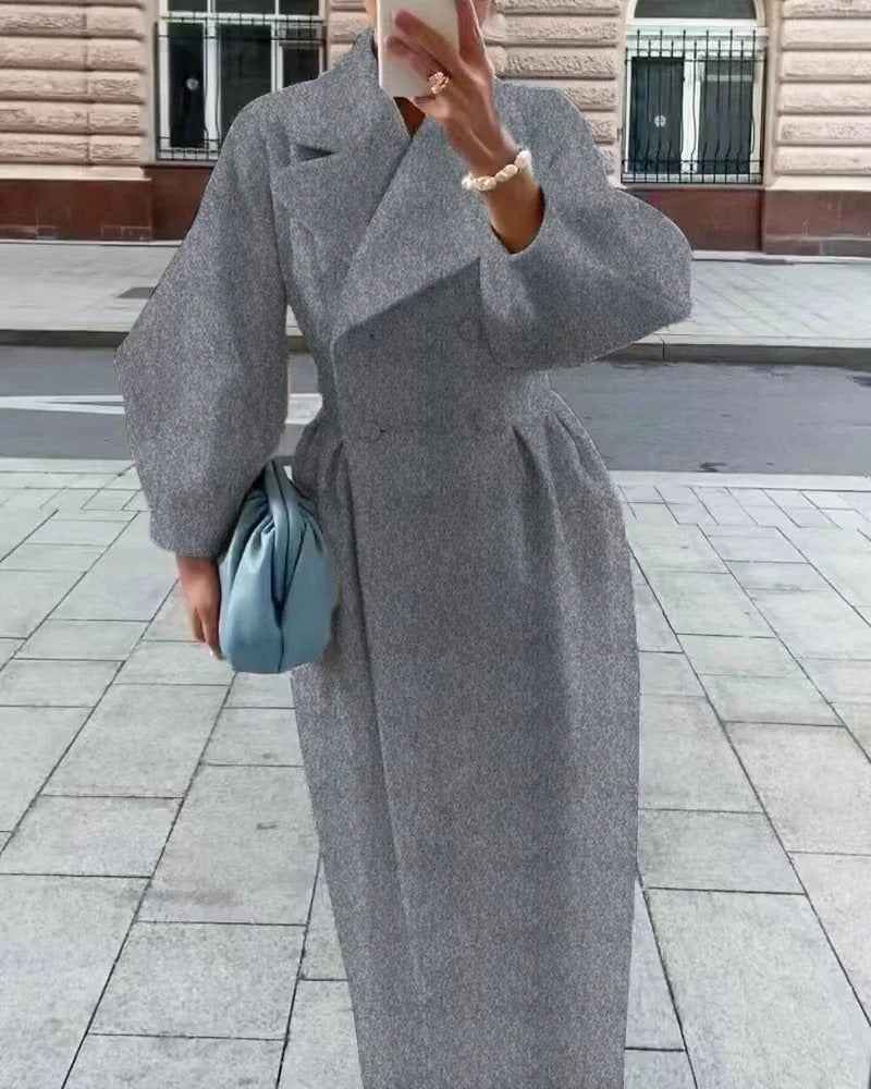 Women's A-Line Double-Breasted Trench Coat – Wool Blend with Belted Waist Grey