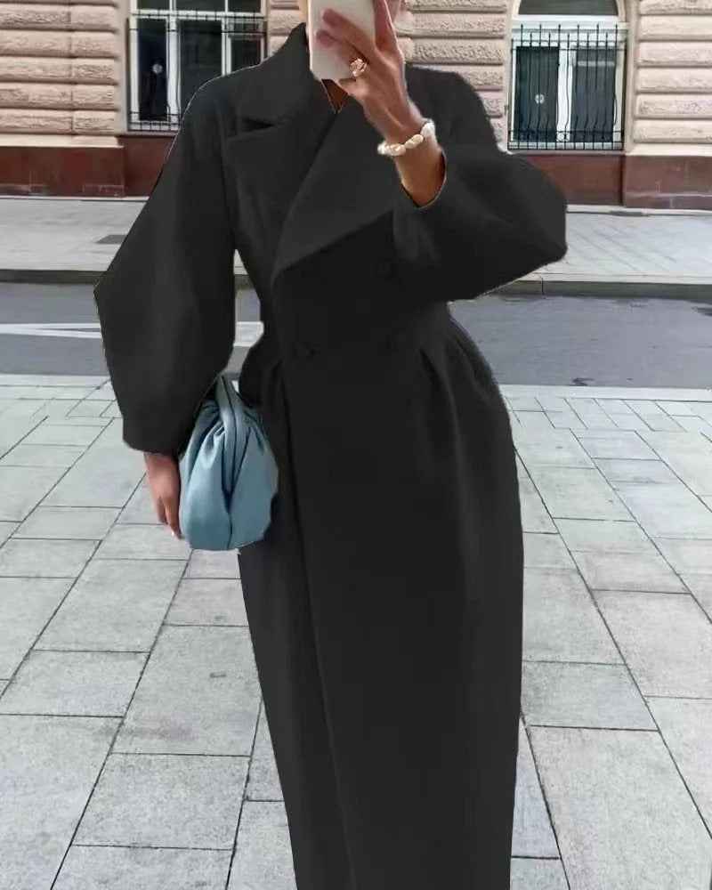 Women's A-Line Double-Breasted Trench Coat – Wool Blend with Belted Waist Black