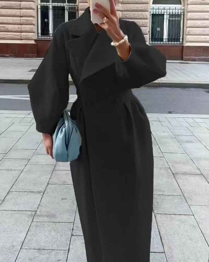 Women's A-Line Double-Breasted Trench Coat – Wool Blend with Belted Waist Black